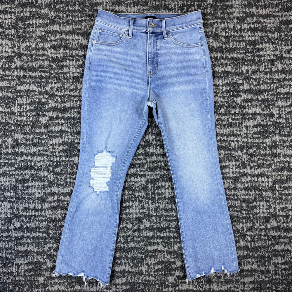 Express Jeans Womens 8R Cropped Flare High Rise Light Wash Distressed Blue